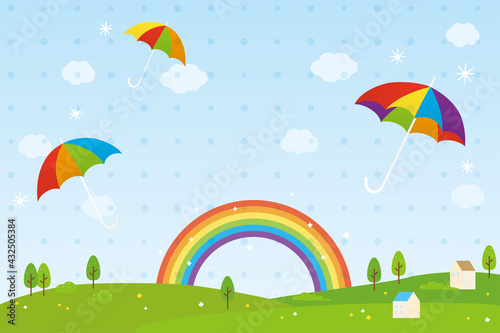 Rainbow and colorful umbrellas background illustration for rainy season