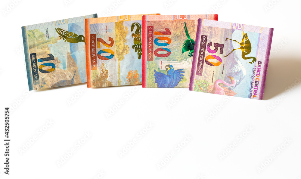 Bolivian currency, Various banknotes, Business and financial concept, white background with place for text