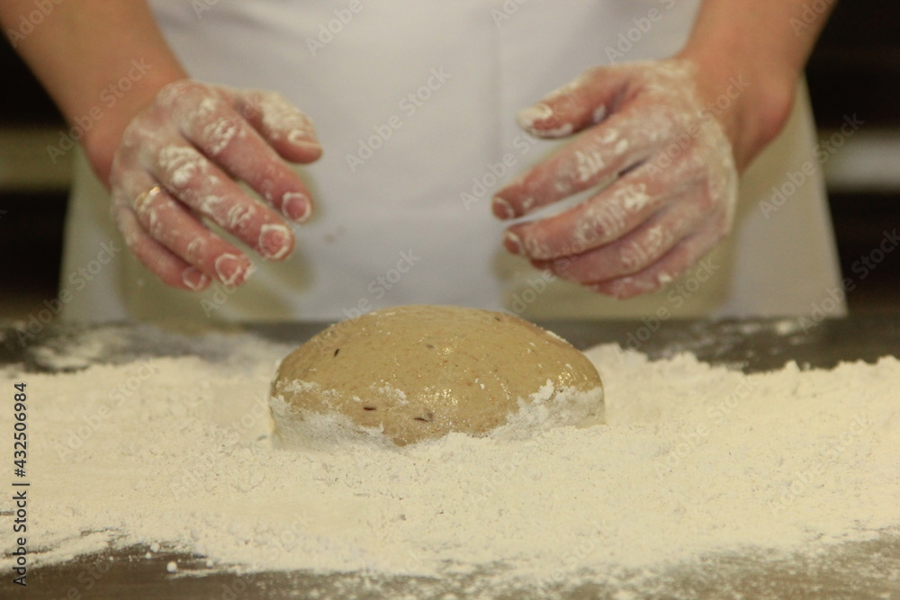 Obraz premium Woman's hands kneading the bread dough. Making dough by female hands on wooden table