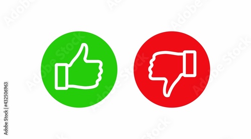 Thumb up outline icon. Round "Like" and "Dislike" buttons for rating on the web and on mobile devices. Raster pictogram for selection, red and green colors.