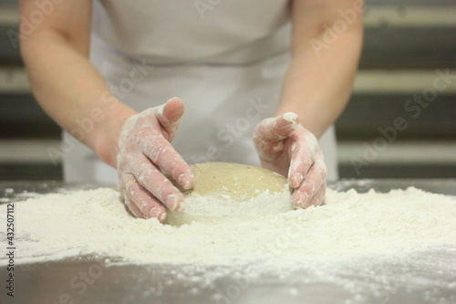 Woman's hands kneading the bread dough. Making dough by female hands on wooden table