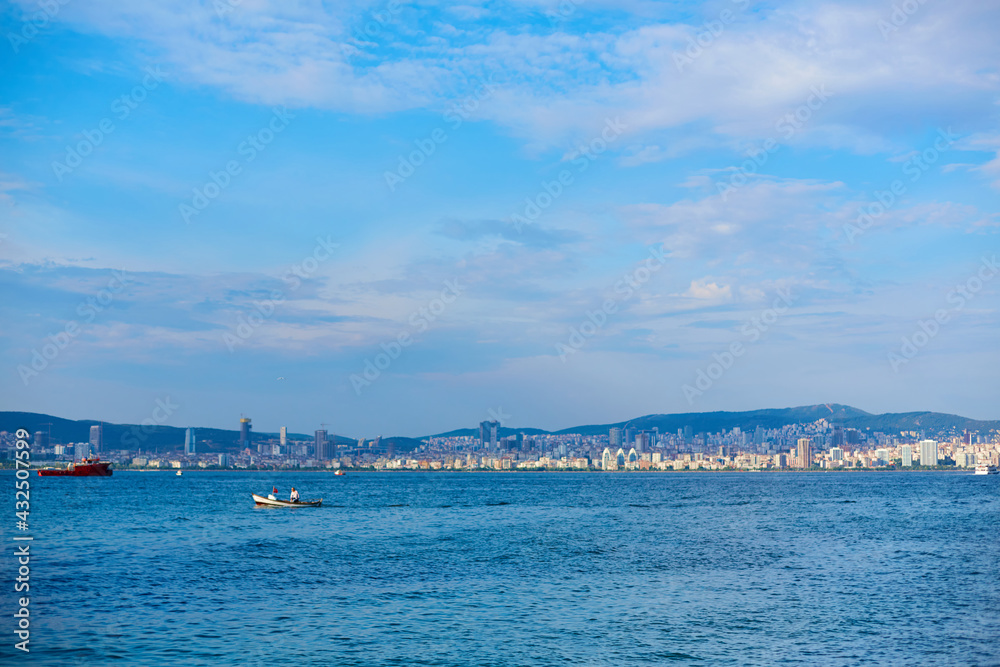 Evening boat trip along the Bosphorus. Panorama of Istanbul view from the ferry