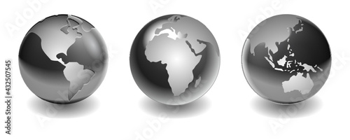 set of steel metallic balls or silver balls shadows or globe world map steel metallic sphere reflections. eps vector