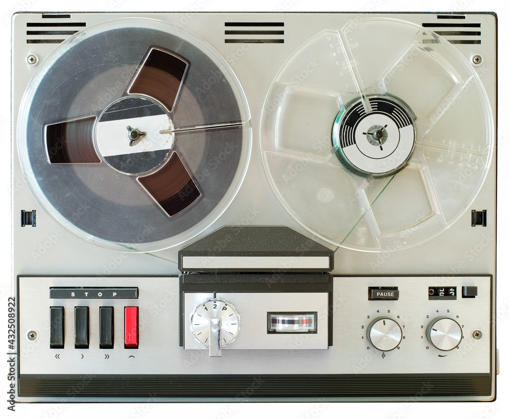 vintage reel to reel tape recorder, open reel audio recorder. Isolated on  white, nostalgic audio gear Stock Photo
