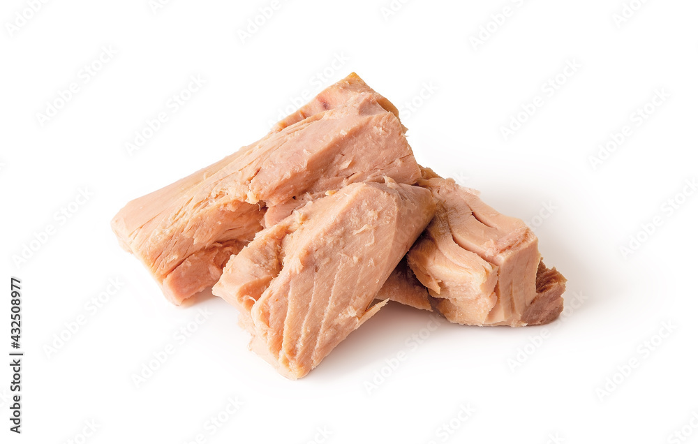 Canned tuna fillet pieces isolated on white background. Preserved