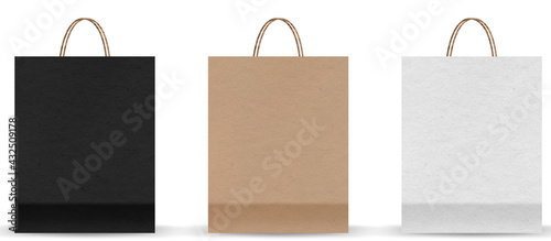 Shopping bag mockups. Paper package isolated on white background. Realistic mockup of craft paper bags.