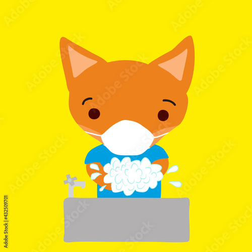 マスクをして手を洗う小狐
A little fox washing hands, wearing a white surgical mask