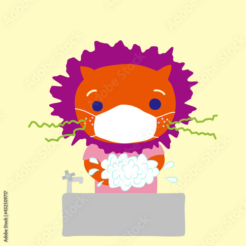 マスクをして手を洗うライオン
A little lion washing hands, wearing a white surgical mask