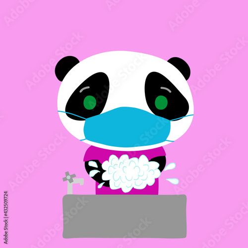 マスクをして手を洗うパンダ
A little panda bear washing hands, wearing a blue surgical mask