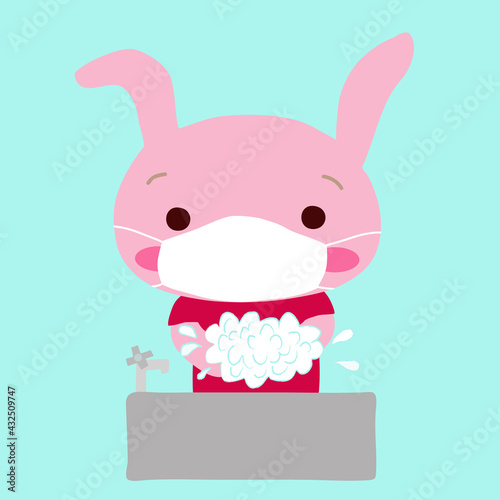マスクをして手を洗ううさぎ
A little rabbit washing hands, wearing a white surgical mask