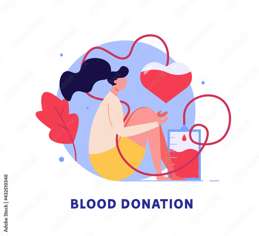 Volunteer woman donating blood near heart. Donor. Concept of donation, charity, world blood donor day, health care. Vector illustration in flat design for background, banner, card