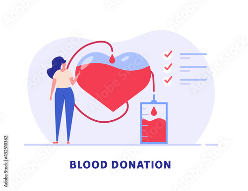 Volunteer woman donating blood near heart. Donor. Concept of donation, charity, world blood donor day, health care. Vector illustration in flat design for background, banner, card