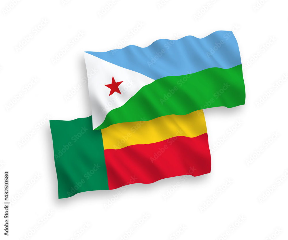 Flags of Republic of Djibouti and Benin on a white background Flags of Republic of Djibouti and Benin on a white background