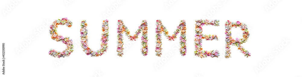 Word Summer made of flowers on white. Design element. Print for T-shirt.