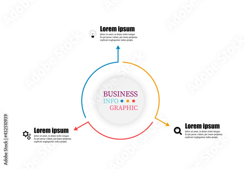 Infographics vector illustration circular template 3 steps. Thin line elements infographic design with arrows presents three options. Can use timeline for workflow diagram, annual report, web design.