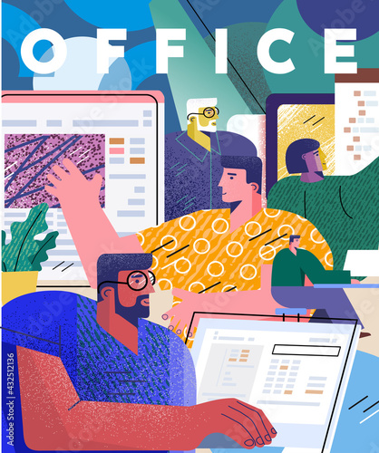 Office. Vector modern illustration of working people in the office at the computer or monitor for cover, magazine or background