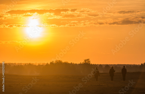 silhouettes of group of people in desert field on sunset © олександр каплун