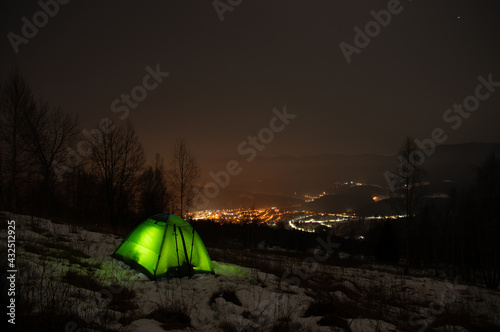 Night town in the Carpathian Mountains in winter