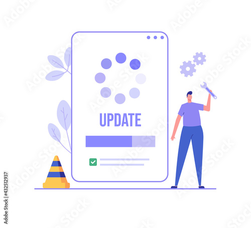 User updating operation system with progress bar. Software upgrade and installation program. Concept of system update, integration, software installation. Vector illustration for UI, mobile app