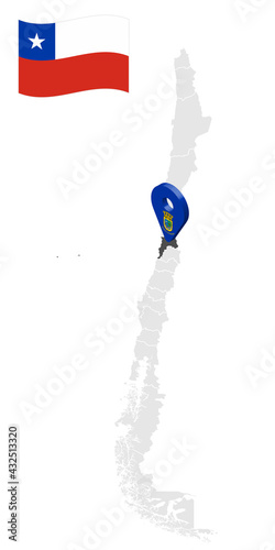 Location of  Valparaiso Region on map Chile. 3d location sign similar to the flag of Valparaiso. Quality map  with  provinces of  Chile for your design. EPS10
