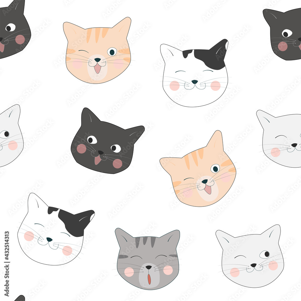 Seamless pattern with black cat, white cat, grey cat, brown cat.