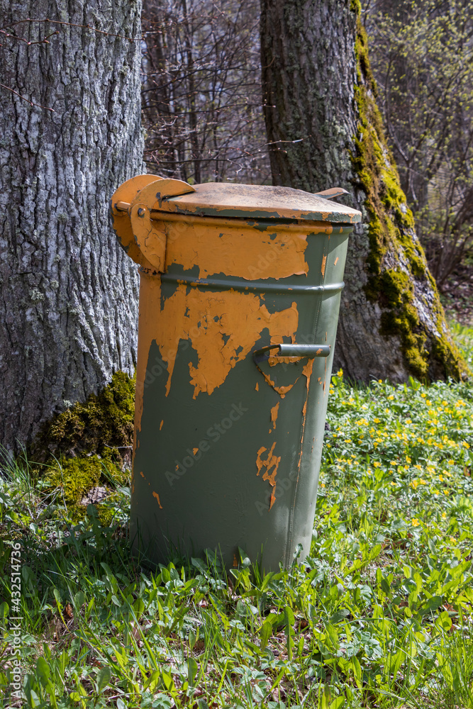 The green Soviet trash can painted yellow,  color peels off. Green grass with yellow flowers and large trees with moss on the bark.