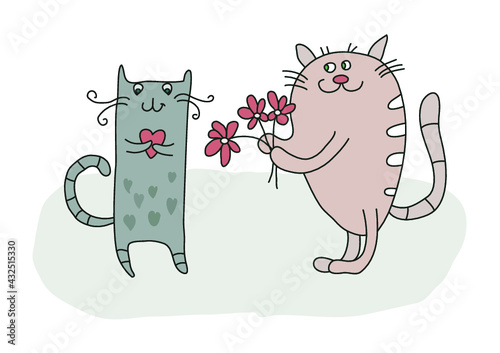 couple cat in love cute vector illustration, cat giving flower vector illustration