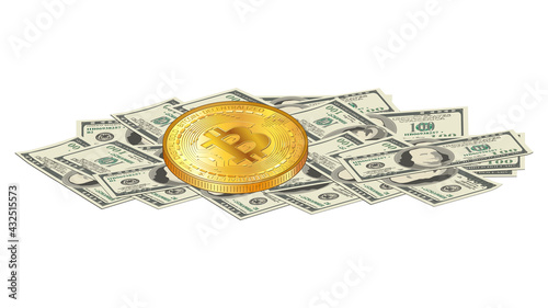 Detailed gold bitcoin coin lies on a pile of paper 100 us dollars banknotes isolated on white. Digital gold over cash money. Vector illustration.