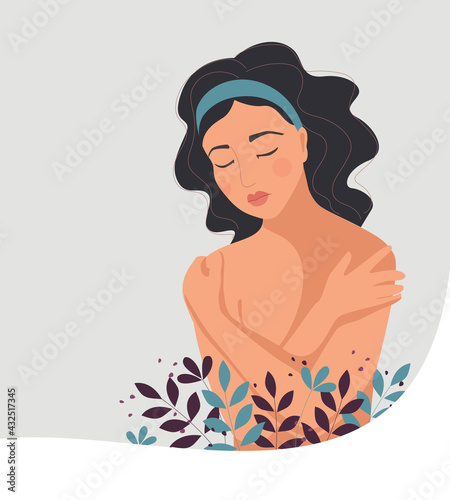 Sad tired young woman with bowed her head. Depressed unhappy cute female character in sorrow, sadness. Mental disorder or illness. Flat cartoon vector illustration.