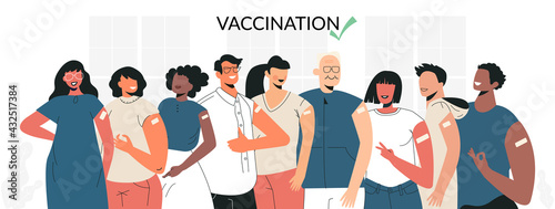 Diverse people after vaccination concept Vaccine injection in arm, shoulder. Set of multiracial character after getting vaccine. Group of humans in face mask. Multicultural team, unity in diversity