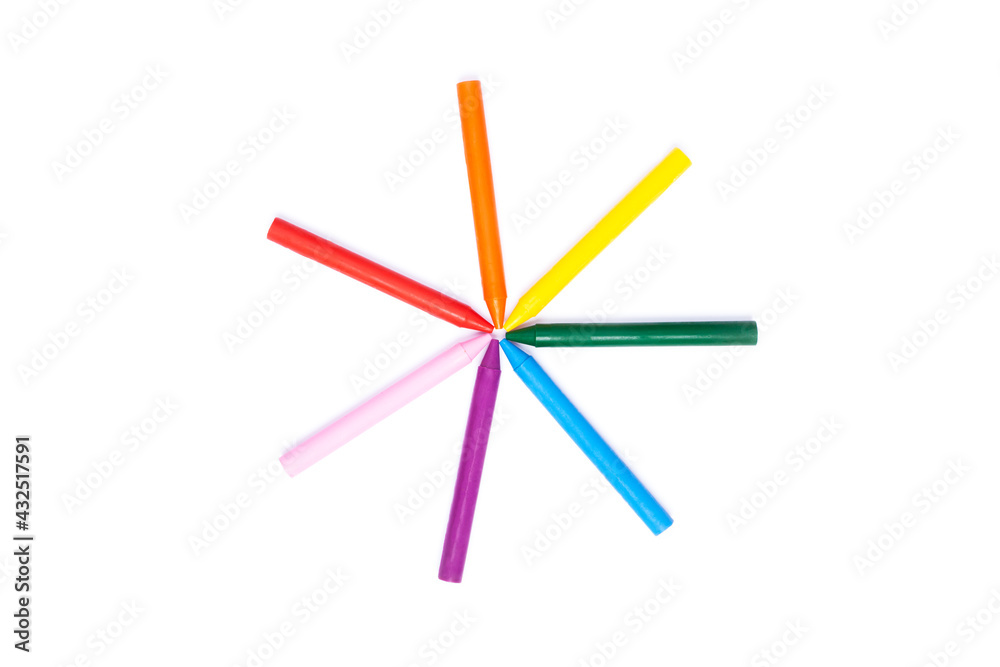 rainbow colored school crayons forming an asterisk. Concept art.