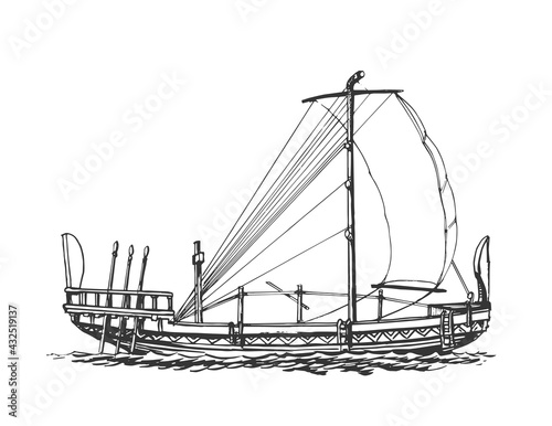 Drakkar, old sailing ship hand drawing. Vector