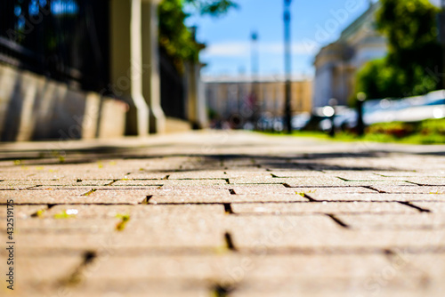 Summer in the city, the sunlit empty street paved with stone near the park and parked cars. Close up view from the pavement level