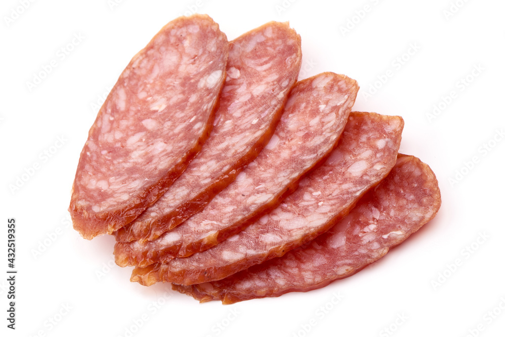 Dry-cured pork Sausage, smoked meat, isolated on white background