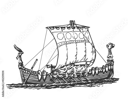 Drakkar, old sailing ship, graphic hand drawing. Sea or river transport, an isolated object. Vector