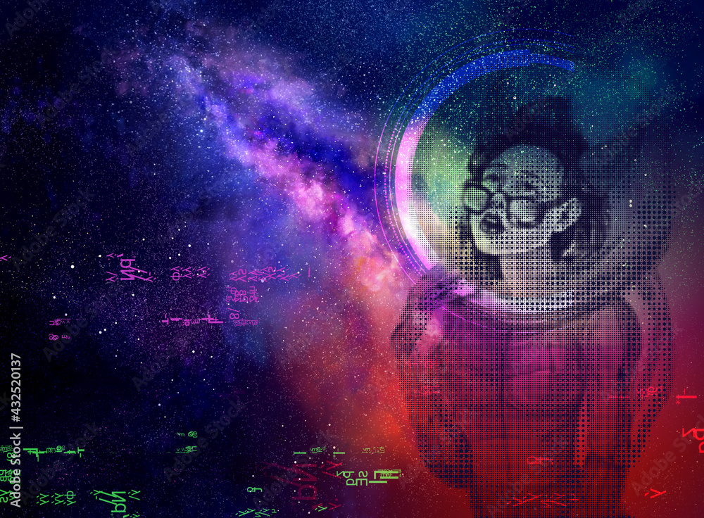 Illustration of an abstraction showing a halogram of an astronaut girl in a spacesuit.