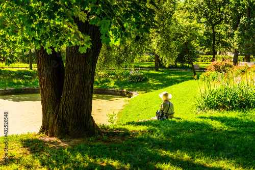 Woman in a hat sits on the shore of a pond in the park on a sunny morning in the shade of a tree © Georgii Shipin