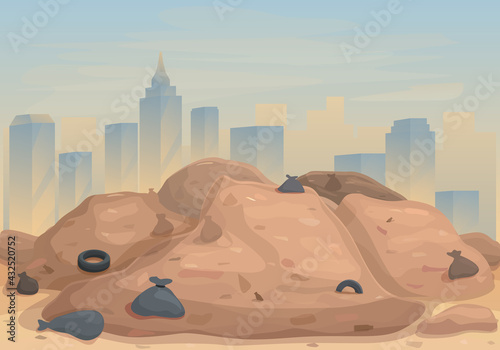 garbage dump on the background of the city panorama, vector illustration