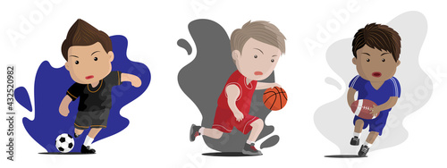 Kids playing sports, football, basketball, rugby, flat design character, cute boys and sports they love 