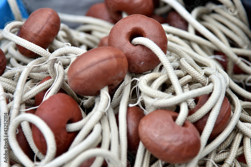 details of fishing nets with ropes and floats