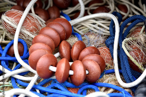 details of fishing nets with ropes and floats