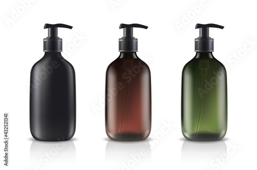 3d realistic vector glass cosmetic bottles in different colors.