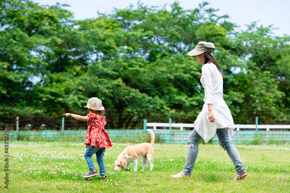 Obraz premium 野原を歩く母と娘と愛犬