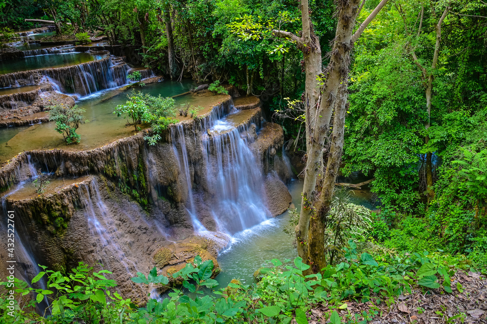 The view of beautiful Huay Mae Kamin waterfalls in Kanchanaburi Thailand