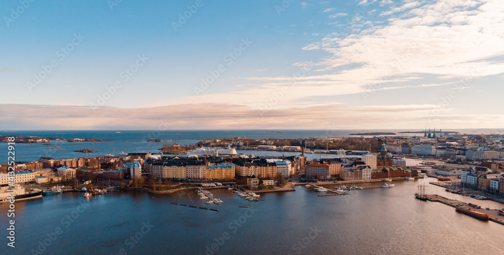 Aerial view of Helsinki city. Sky and colorful buildings.	
