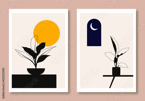 Abstract posters art set with boho style vector illustrations. Perfect for greeting card, poster, banner, flyer, social media post, feed, story, fleet.
