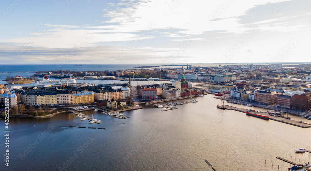 Aerial view of Helsinki city. Sky and colorful buildings.	
