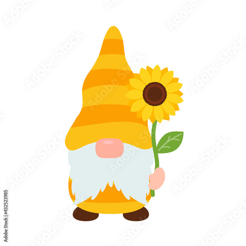 Sunflower gnomes. Vector gnomes wearing bees holding sunflowers.
