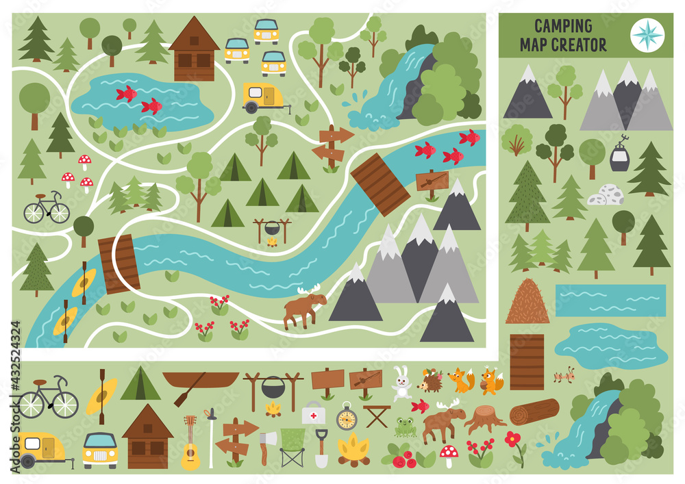 Camping map creator. Set of flat cartoon elements for constructing summer camp activity. Vector nature clip art with mountains, waterfall, trees, forest animals for hiking or campfire plan. .