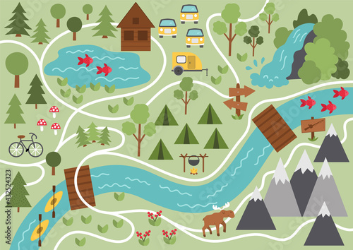 Camping map. Summer camp background. Vector nature clip art or infographic elements with mountains, waterfall, trees, forest, moose, river. Hiking, trekking or campfire plan. .
